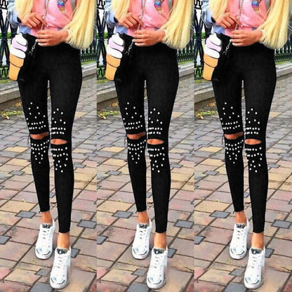 jinran Casual Chic Leggings Knee Hole Leggings 2022 New Trendy Stretch Cut Holes Beads Decoration Lady Pants Skinny High Waist Leggings