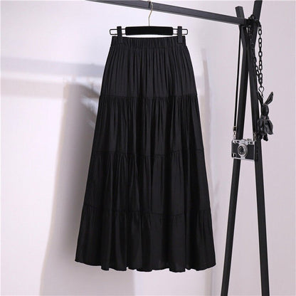 jinran Summer Stitching Cotton and Linen Skirt Elegant Elastic High Waist Ruffles Pleated All-match A Line Skirt Casual Beach Holiday