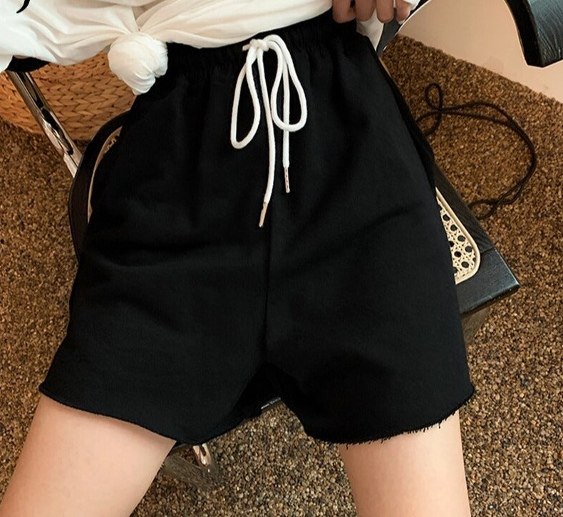 jinran Summer New Loose High Waist Slim Sports Shorts Women Korean Style Casual Wide-leg Short Female Drawstring Black Shorts OL