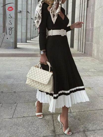 jinran Women Ribbed V-neck Fold Knitted Max Dress Ladies Skinny Sexy A-line Dresses Two Color Patchwork Elegant Chic Vestidos