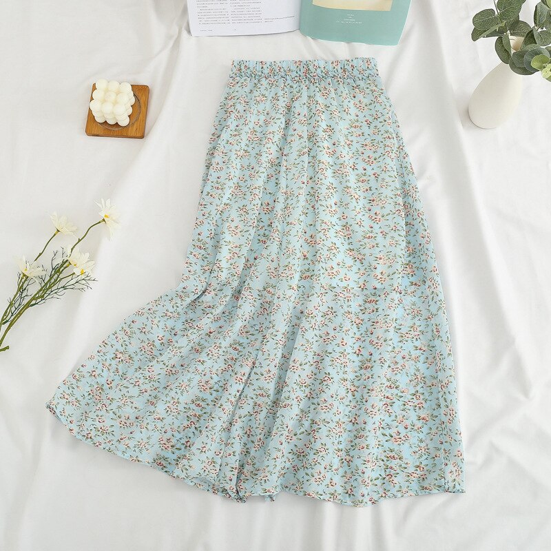 jinran Summer Long Skirts for Women Boho Elegant Floral Print Pleated A Line Skirt Korean Harajuku Chic Simple Midi Chiffon Skirts