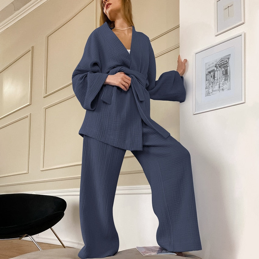 jinran Kimono Pajamas New 100% Cotton Crepe Long-Sleeved Trousers Ladies Sleepwear Suit Women's Home Service Mujer