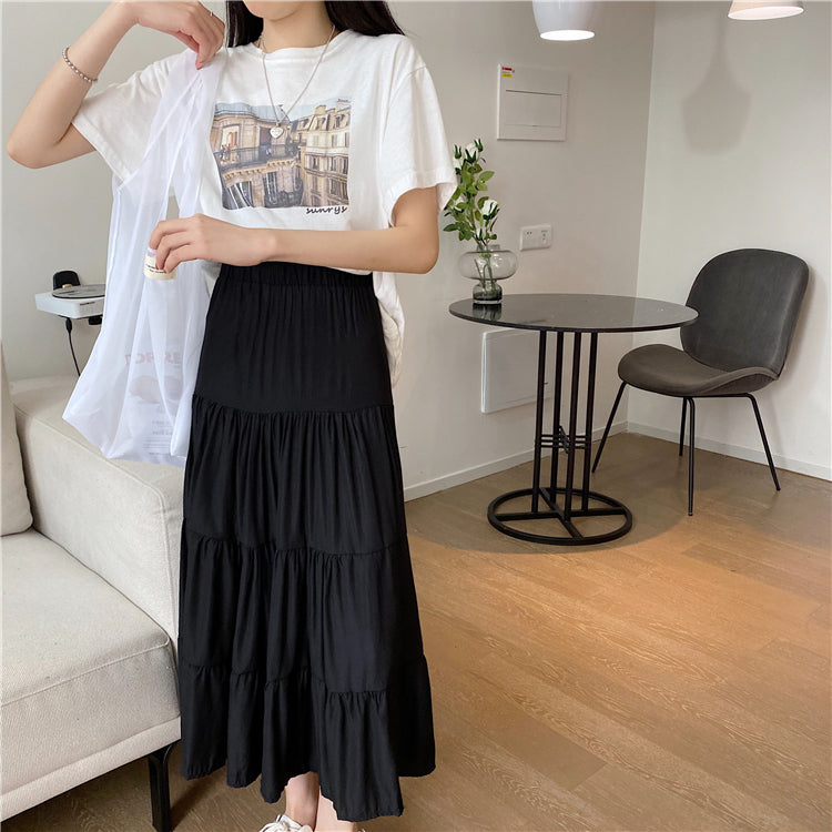 jinran Women High Waist Elegant Wild A Line Cake Skirts Summer Korean Solid White Black Chiffon Shirts Beach Vacation Midi Shirts