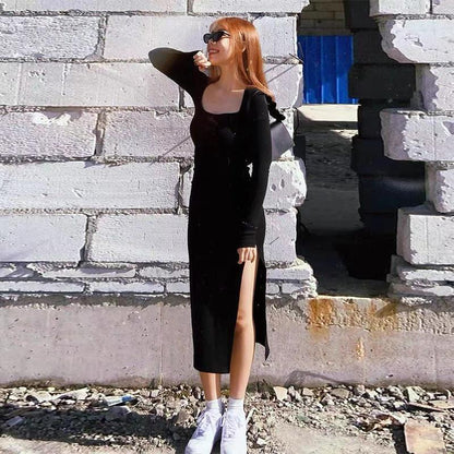 jinran Women Long Sleeve Dress Mid-calf Length Square Collar Black Sheath Retro Slim Sexy Vintage Side Slit Stretchy All-match Simple