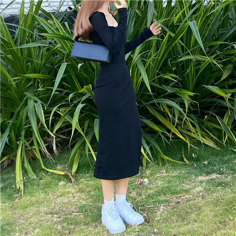 jinran Women Long Sleeve Dress Mid-calf Length Square Collar Black Sheath Retro Slim Sexy Vintage Side Slit Stretchy All-match Simple