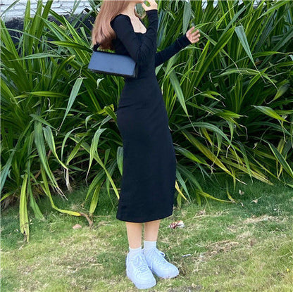 jinran Women Long Sleeve Dress Mid-calf Length Square Collar Black Sheath Retro Slim Sexy Vintage Side Slit Stretchy All-match Simple