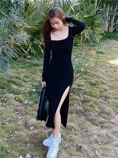 jinran Women Long Sleeve Dress Mid-calf Length Square Collar Black Sheath Retro Slim Sexy Vintage Side Slit Stretchy All-match Simple