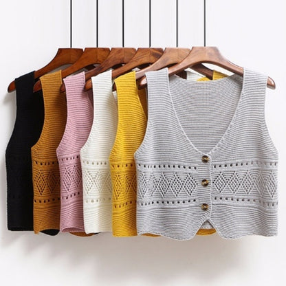 jinran 2024 Korean Fashion V Neck Loose Sleeveless Sweater Vest Women Knitted Hollow Out Single Breasted Short Cardigan Female Kniwear