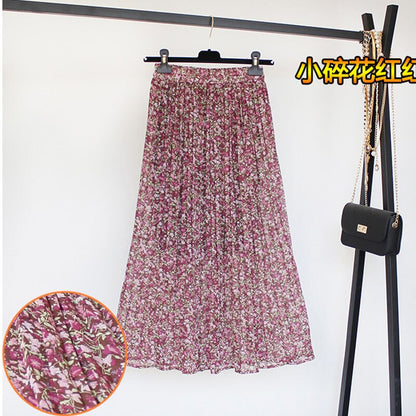 jinran Women Summer Boho Chiffon Long Skirt Elegant Floral Print Pleated Skirts Elastic High Waist Casual Midi Skirt Women Clothes 2021