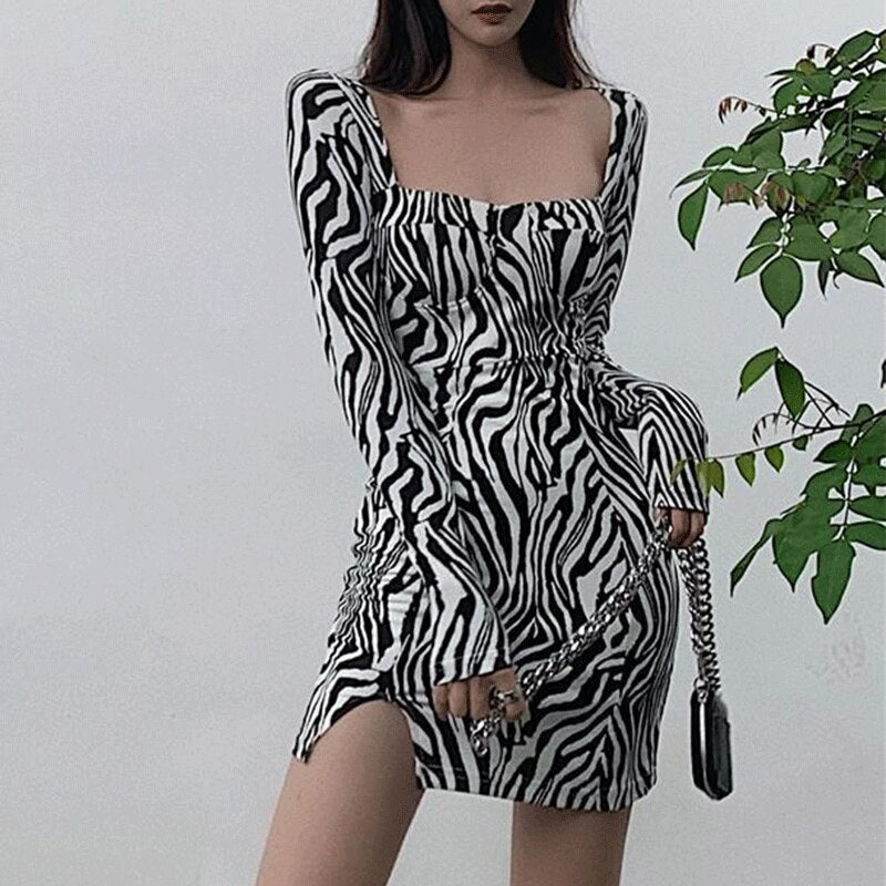 jinran Sexy Square Neck Bodycon Dress Women Zebra Print Mini Party Dresses Ladies Long Sleeve autumn Dress Club Vestidos New