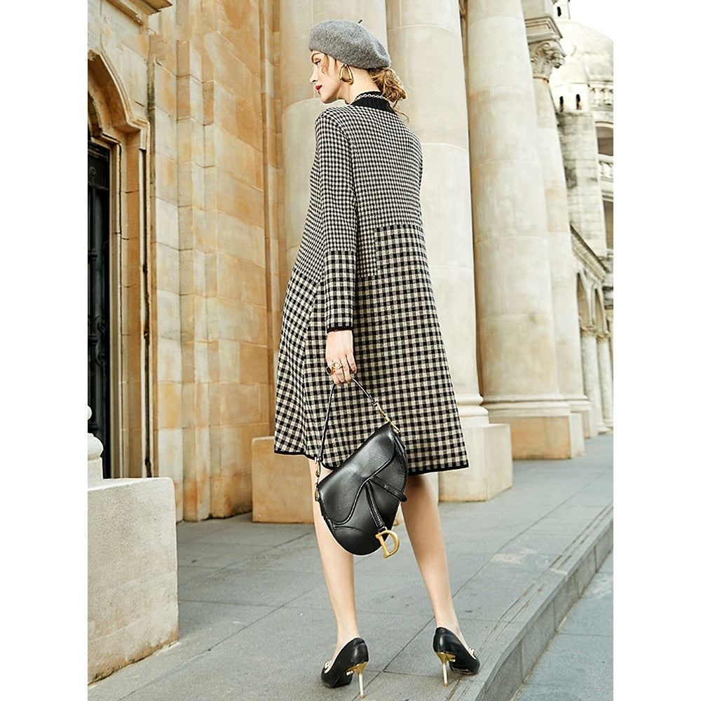 jinran Women Black Bird Lattice Midi Dress Autumn Winter Thick Warm Korean Vintage Casual Sweaters Elegant Bodycon Coat Sweaters