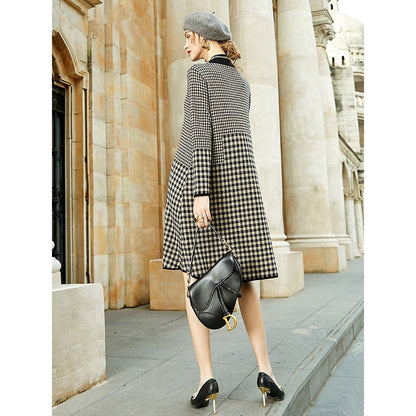 jinran Women Black Bird Lattice Midi Dress Autumn Winter Thick Warm Korean Vintage Casual Sweaters Elegant Bodycon Coat Sweaters