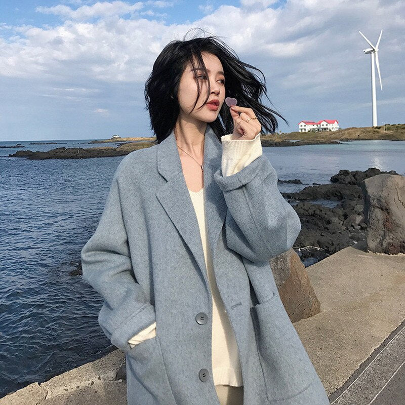 jinran 2022 Autumn Winter New Women Loose Woolen Coat Korean Lady Graceful Blue Pocket Button Long Windbreaker Student Causal Outerwear