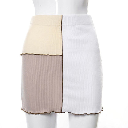 jinran Women Summer High Waist Hit Color Patchwork Mini Skirt Casual Ribbed Color Block Elegant Chic Slim Skirt Vintage Y2K Short Skirt