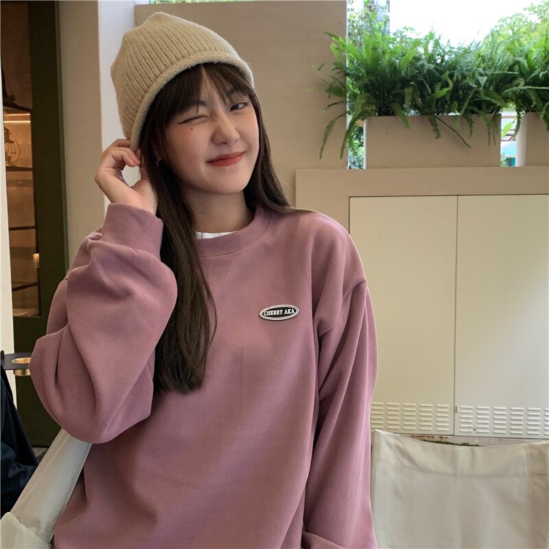 jinran New Fleece Hoodie O-Neck Casual Women's Hoodies Simple Long-Sleeved Pullover Sweatshirt College Solid Color Harajuku Top