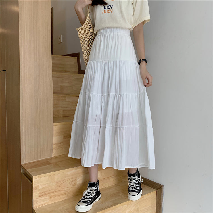 jinran Women High Waist Elegant Wild A Line Cake Skirts Summer Korean Solid White Black Chiffon Shirts Beach Vacation Midi Shirts