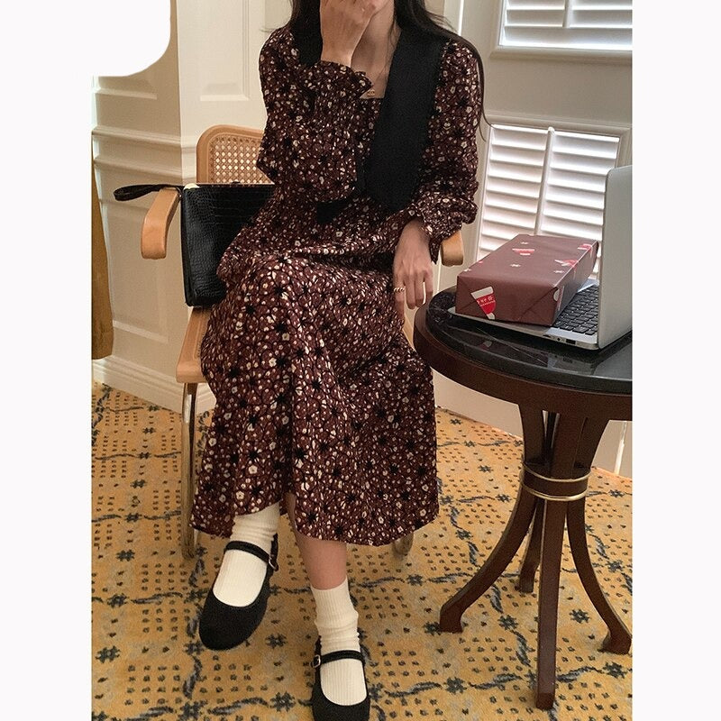 jinran 2022 New Floral Chiffon Dresses Women Spring Loose Elegant Doll Collar Dress Female Korean Sweet Puff Sleeve Dresses