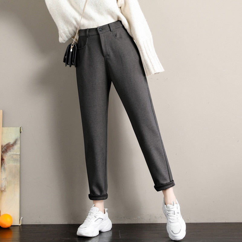 jinran New Fashion Korean Woolen Harlan Loose Daddy Pants Women'S 2022 Autumn And Winter Leisure High Waist Nine Point Radish Trousers