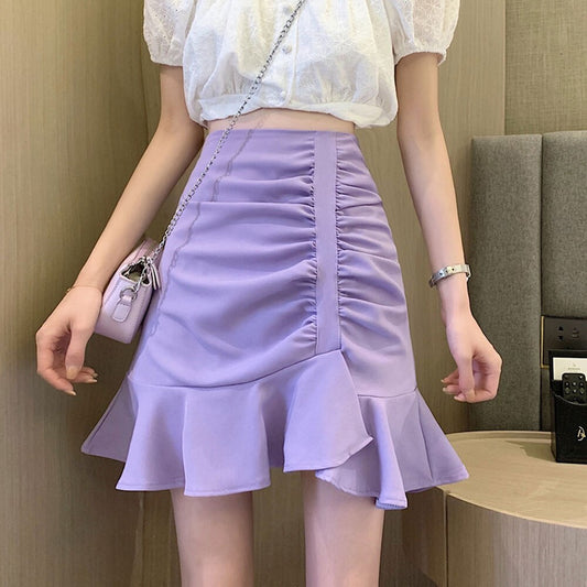 jinran Women Ruffles Pleated A-Line High Waist Irregular Summer Sexy Solid Elegant Skinnny Preppy Style Club Mini Skirt