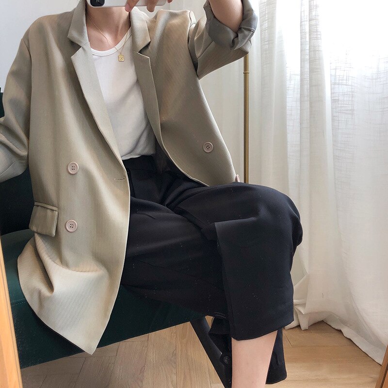 jinran New Fashion All Match Turn-down Collar 2022 Autumn Women Jackets Casual Double Breasted Button Loose Solid Color Coats