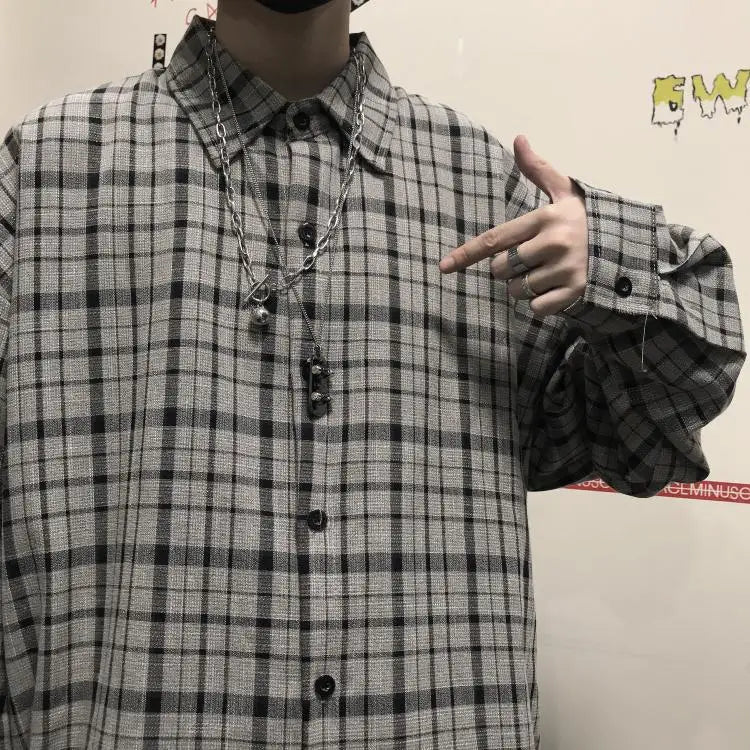 HIP HOP Korean ins versatile Plaid loose oversize long sleeve shirt for men and camisa masculina gray shirts