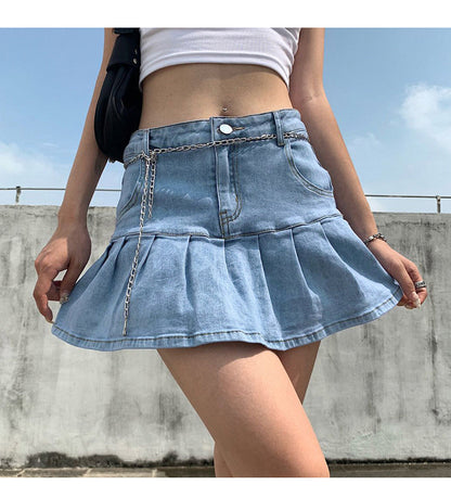 jinran Women High Waist Denim Skirt Women Summer Korean Harajuku Ruffles Jeans Skirt Shorts Punk Y2K Mini Pleated Skirt Streetwear