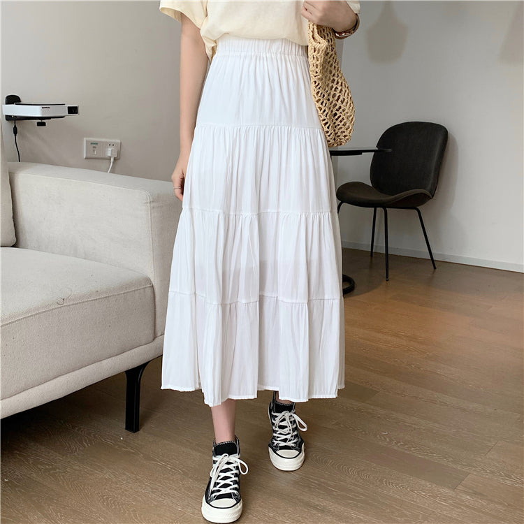 jinran Women High Waist Elegant Wild A Line Cake Skirts Summer Korean Solid White Black Chiffon Shirts Beach Vacation Midi Shirts