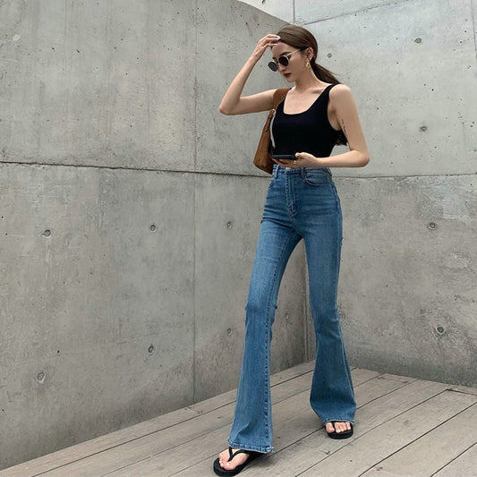jinran Vintage Slim Flare Jeans For Women Summer Autumn Streetwear Long Denim Pants Ladies Chic Boot Cut Jeans Fishtail Denim Trousers