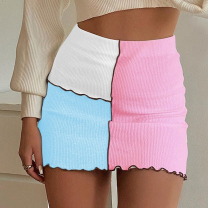jinran Women Summer High Waist Hit Color Patchwork Mini Skirt Casual Ribbed Color Block Elegant Chic Slim Skirt Vintage Y2K Short Skirt