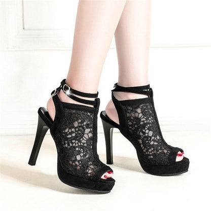 jinran Sexy Lace Mesh Platform Women Short Boots Summer Peep Toe Ankle Buckle High Heels Shoes Hollow Party Sandals Female Pumps Office