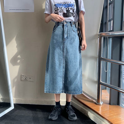 jinran Women High Waist Split Denim Skirts Summer Casual Korean Vintage Midi Long Skirt Harajuku Wild Bodycon A Line Skirt Streetwear