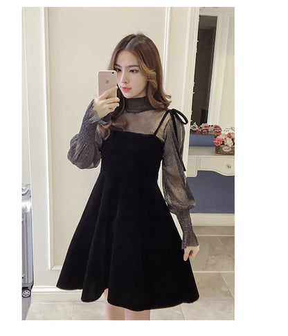 jinran Spring New Elegant Two Piece Dress for Women Women Winter Korean A-Line O-Neck Tops and Black Sundress Streetwear Dress Vestidos