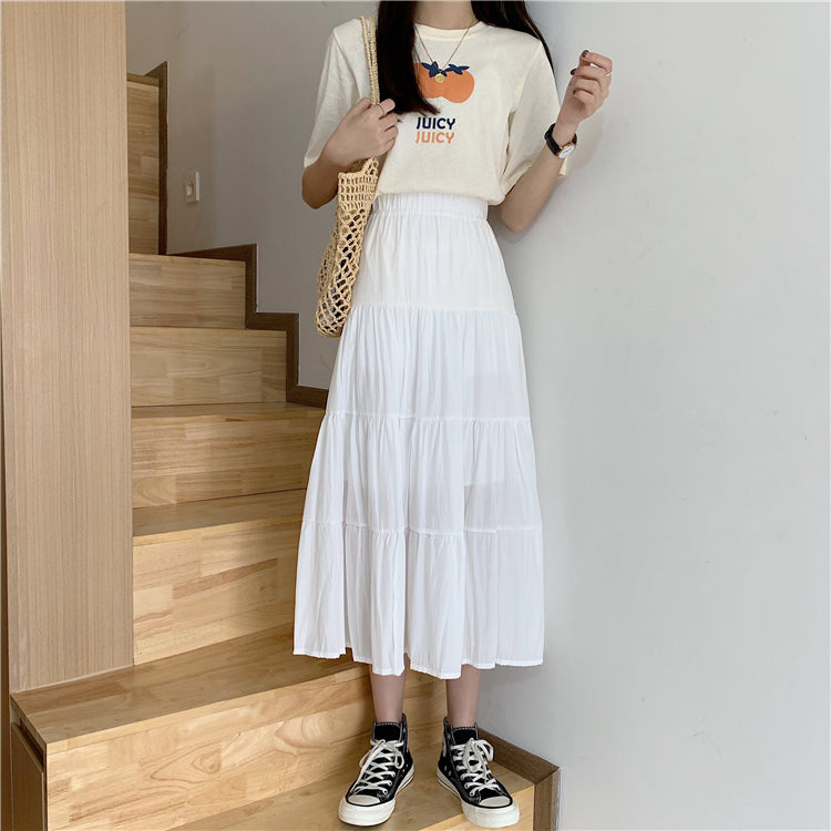 jinran Women High Waist Elegant Wild A Line Cake Skirts Summer Korean Solid White Black Chiffon Shirts Beach Vacation Midi Shirts