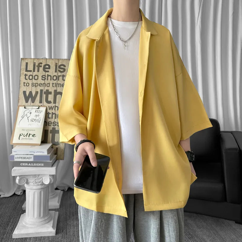 Solid Color Oversized Men's Shirts Harajuku Men Casual Half Sleeve Shirt Tops Cool Summer Streetwear Man Blouse 6 Colors