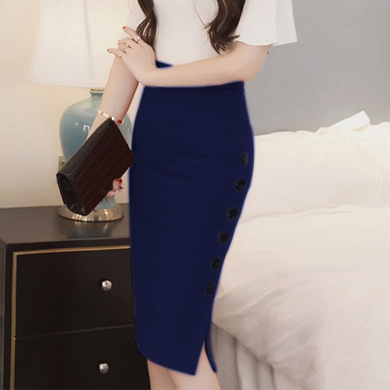 jinran New Women Elegant Slim Pencil Skirts High Waist Ladies Skirt Side Split Button Office Ladies Bodycon Fitted Skirts