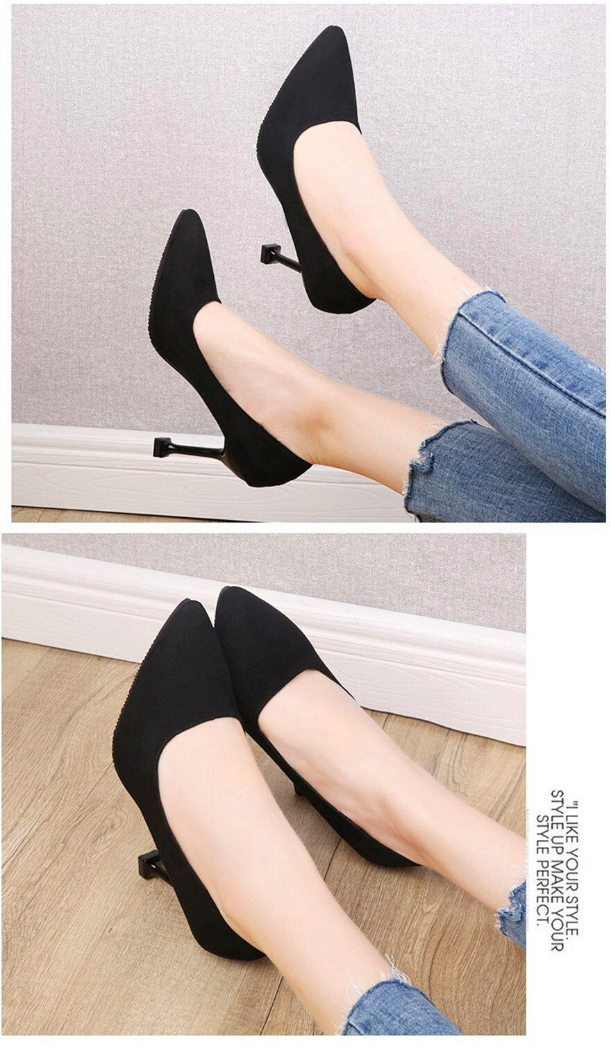 jinran 5/7/9cm Comfort High Heels Ladies Work Shoes New Autumn Black Flock Shallow Wild Women Pumps Pointy Toe Dress Office Shoes Woman