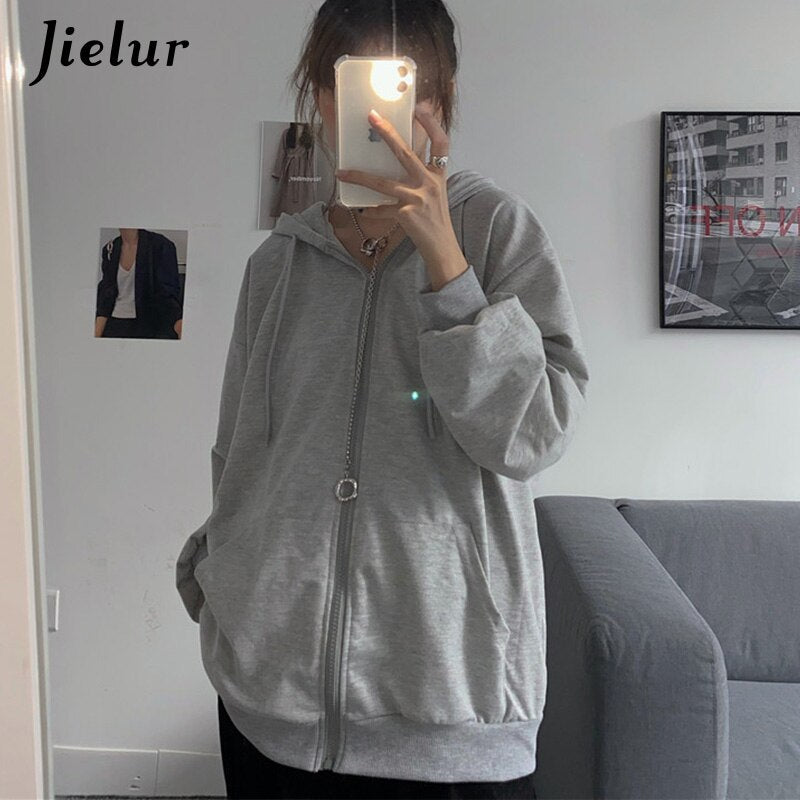 jinran Autumn Zipper New Hoodie Women Solid Color Korean Loose Pocket Hoodies Female Chic Slim Black Sweatshirt 12 Colors