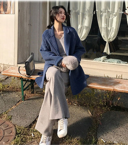 jinran 2022 Autumn Winter New Women Loose Woolen Coat Korean Lady Graceful Blue Pocket Button Long Windbreaker Student Causal Outerwear