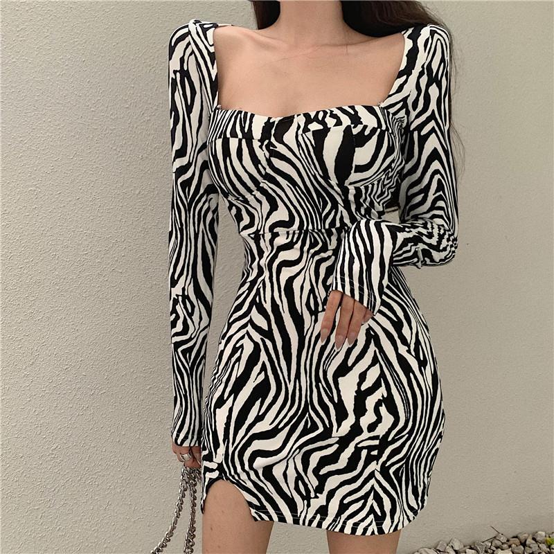 jinran Sexy Square Neck Bodycon Dress Women Zebra Print Mini Party Dresses Ladies Long Sleeve autumn Dress Club Vestidos New