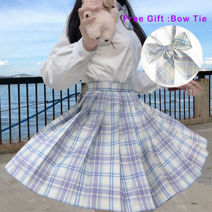 jinran Pleated Harajuku Preppy Style Summer Women Skirt Plaid Kawaii Y2K High Waist Dance Bow Skirt Mini Cute Japanese School Uniforms