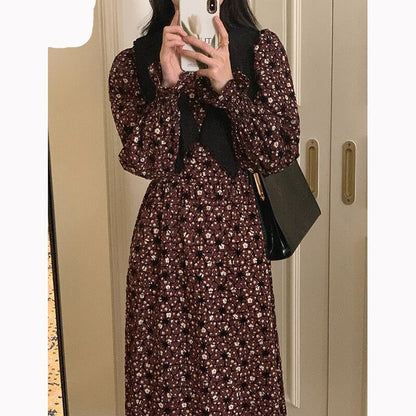 jinran 2022 New Floral Chiffon Dresses Women Spring Loose Elegant Doll Collar Dress Female Korean Sweet Puff Sleeve Dresses