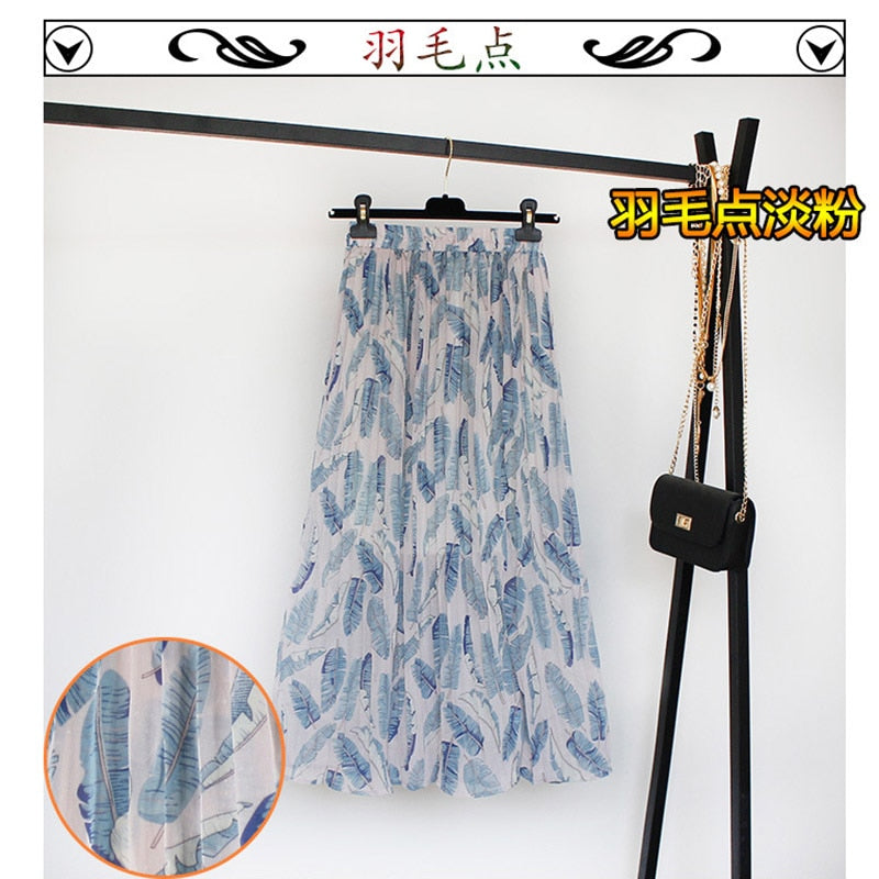 jinran Women Summer Boho Chiffon Long Skirt Elegant Floral Print Pleated Skirts Elastic High Waist Casual Midi Skirt Women Clothes 2021