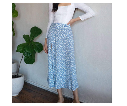 jinran Elegant Split Long Skirts Vintage Leopard Floral Print High Waist A Line Skirts Office Lady Casual Bodycon Midi Skirt