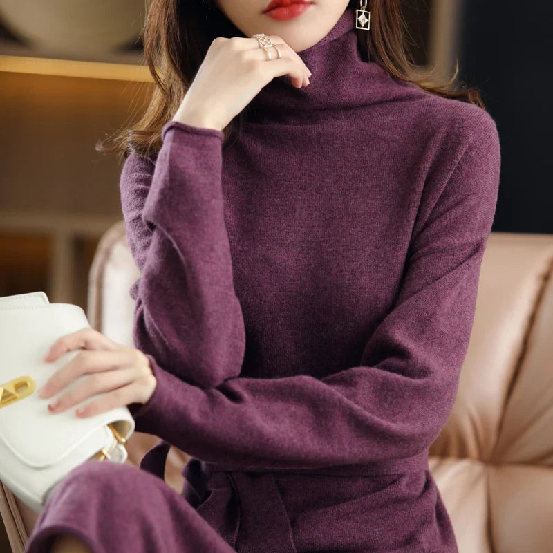 jinran  The new pullover 100% wool ladies dress solid color long-sleeved knitted fashion slim long high-neck cashmere dress sweater