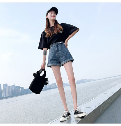 jinran Summer New Women Adjustable Waist Slim Short Jeans Lady High Street Wide Leg Short Pants Female High Waist A-Line Shorts