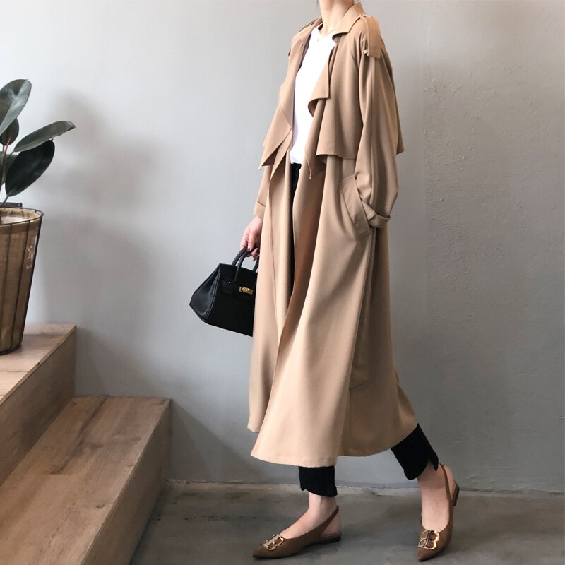 jinran Korean Vintage Loose Sashes Women Trench 2022 Autumn New Loose Turn-down Collar Long All Match Female Coats