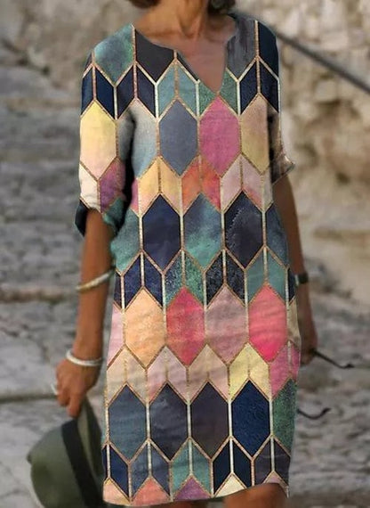 jinran Women Elegant Dress Summer Fashion Loose V-Neck Half Sleeve A-Line Dress Sundress Female Vintage Print Midi Dresses Vestidos