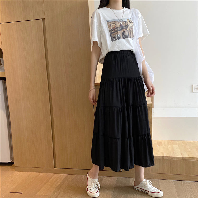 jinran Women High Waist Elegant Wild A Line Cake Skirts Summer Korean Solid White Black Chiffon Shirts Beach Vacation Midi Shirts