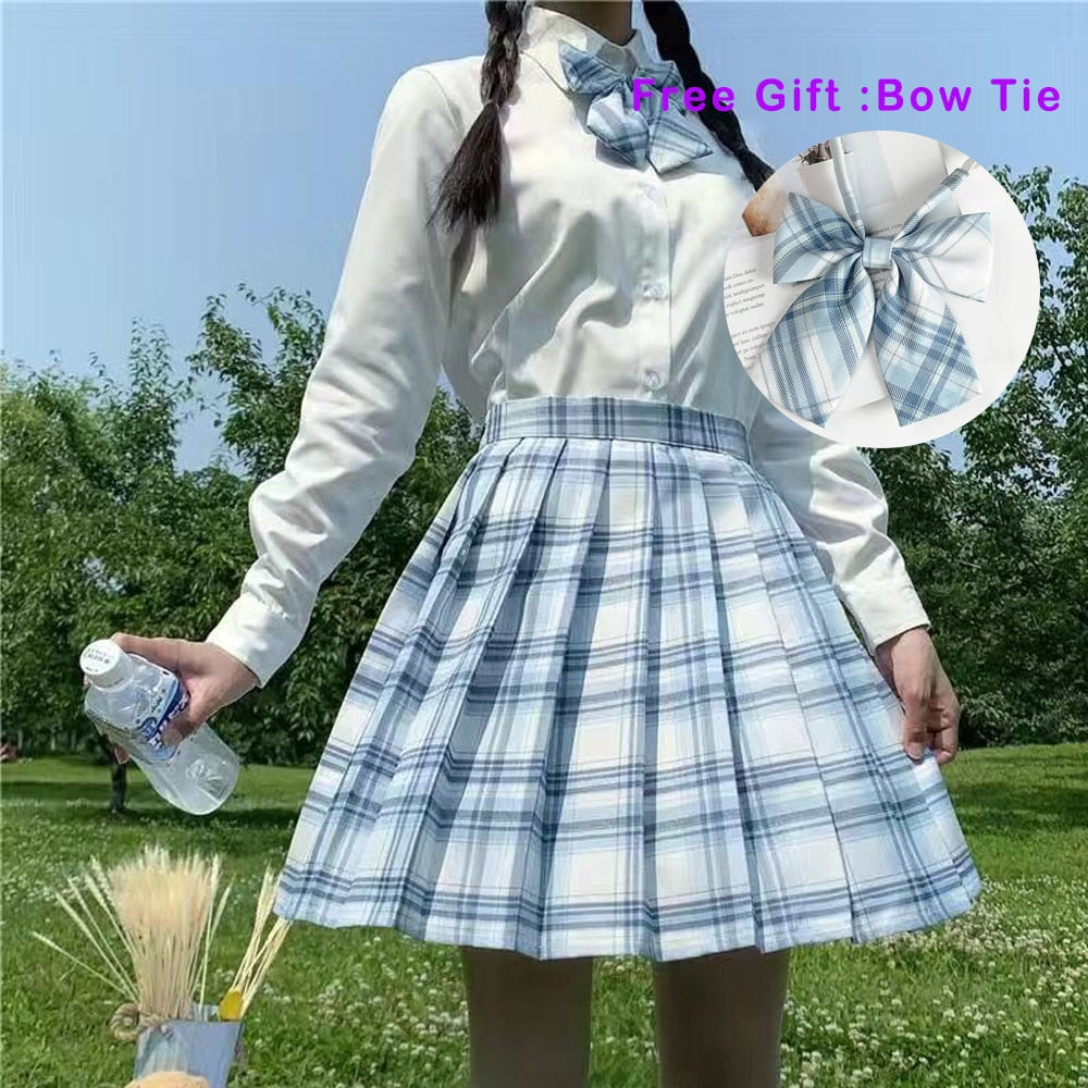 jinran Pleated Harajuku Preppy Style Summer Women Skirt Plaid Kawaii Y2K High Waist Dance Bow Skirt Mini Cute Japanese School Uniforms