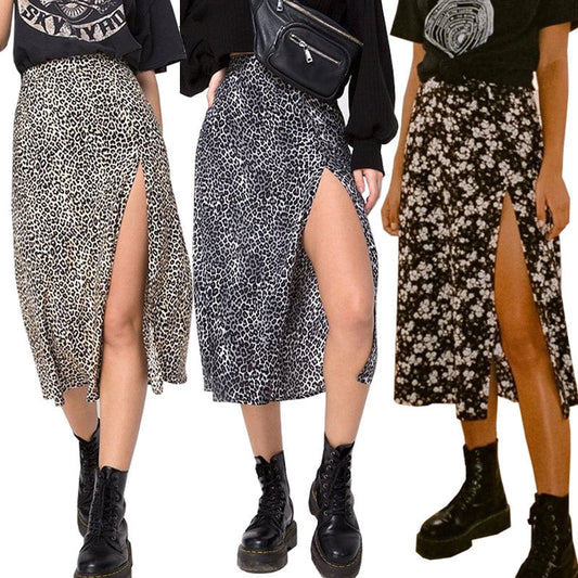jinran Women Skirt Harajuku leopard flower printed package hip tall waist elastic Summer style mild calf a-line skirts Women XSK8110